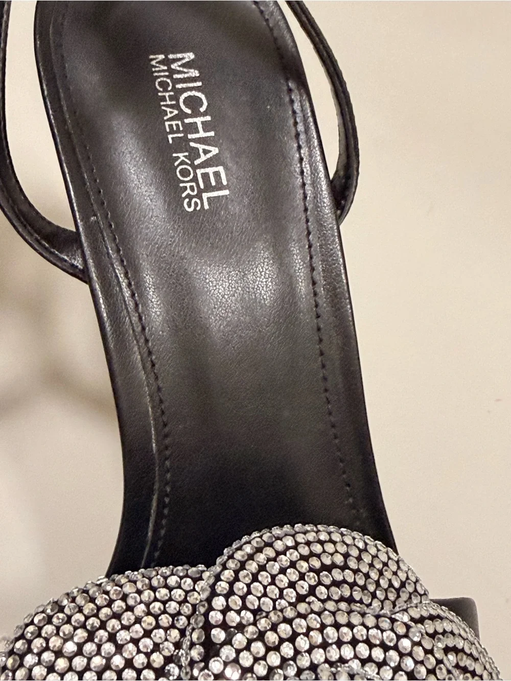 MICHAEL Michael Kors Black Heeled Sandals with Crystal Rosette